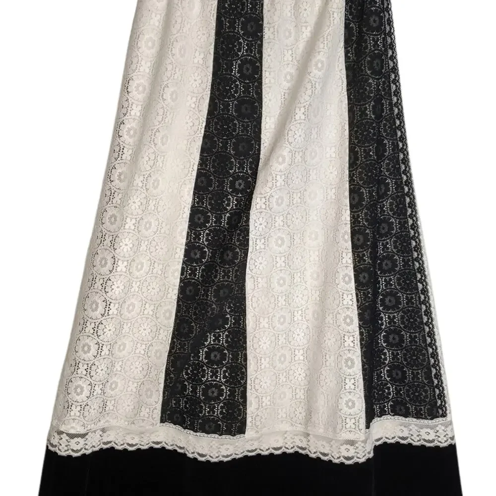 Tumbleweeds 70's VTG Maxi Skirt White Black Lace Black Velvet Hem Boho Western